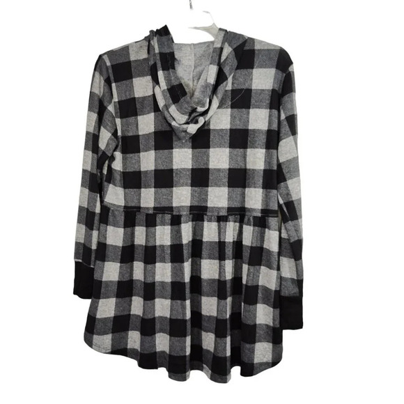 Cato Plaid Snap Front Hooded Black Grey Knit Tunic Top Hi Low Size L NEW w/FLAW - Picture 4 of 8